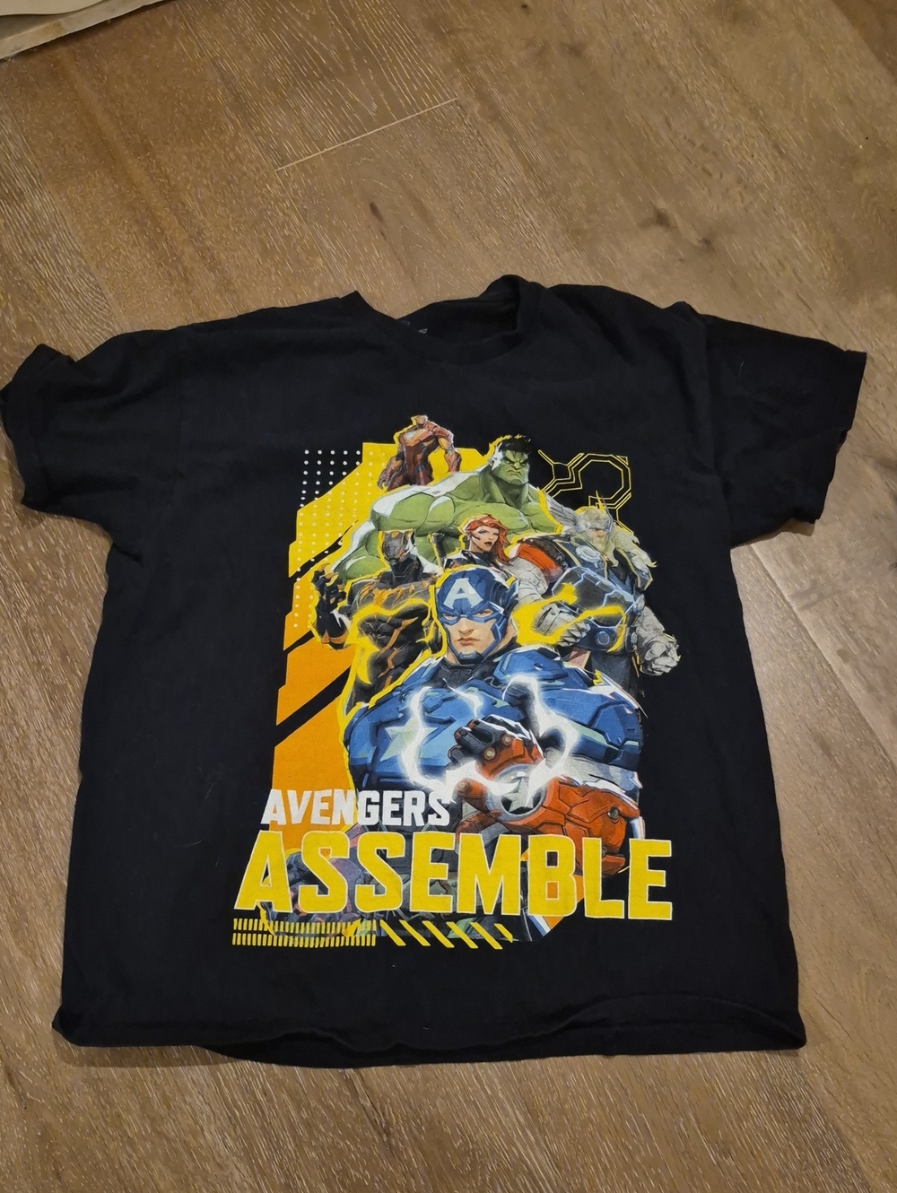 Marvel Black Avengers Assemble Graphic Tee with Yellow & Blue Print